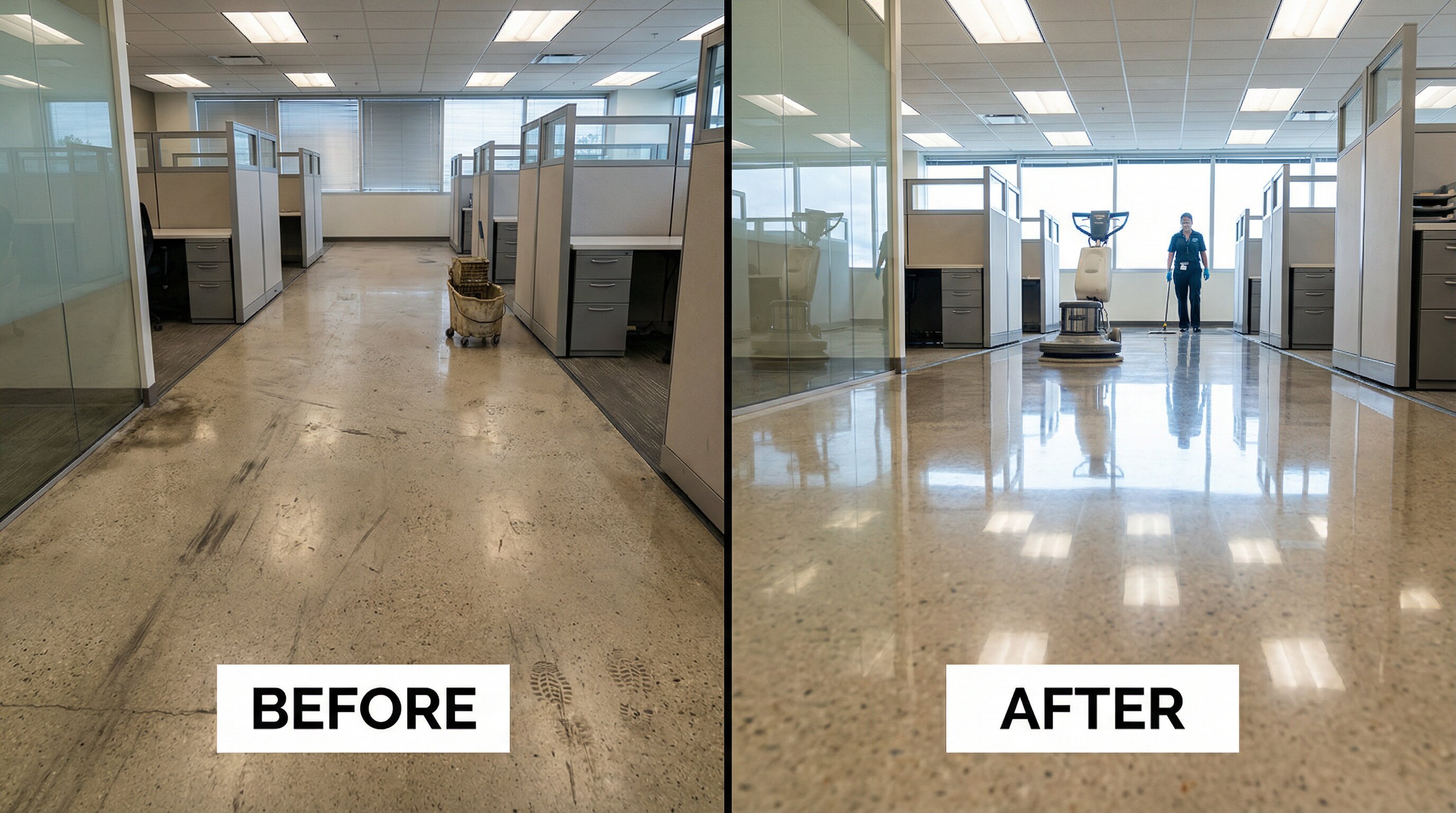 Office floor cleaning before and after